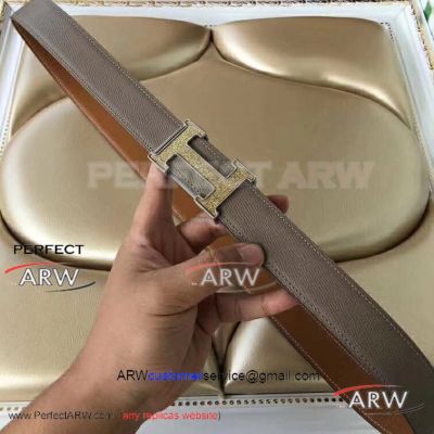 Perfect Replica Hermes Frosted Gold Buckle Gray Belt Brown Back